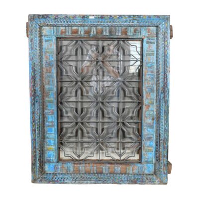 Antique Azure Blue Indian Teak & Iron Jali Window Mirror – 19th Century Rajasthan