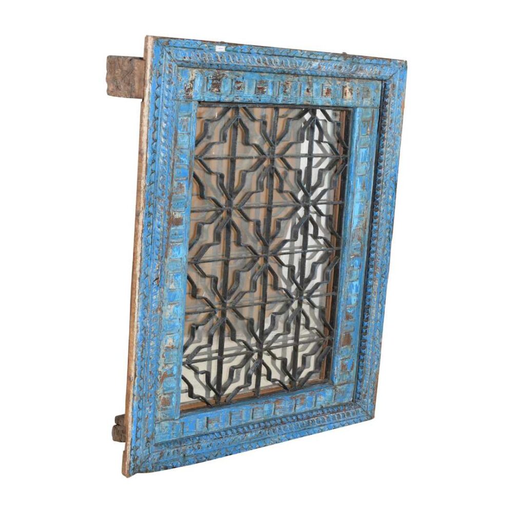 Antique Azure Blue Indian Teak & Iron Jali Window Mirror – Hand-Carved 19th Century Rajasthan - Image 2