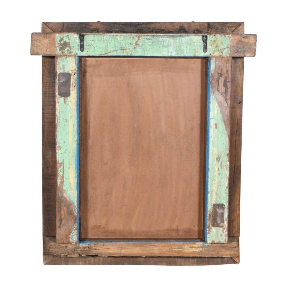 Antique Azure Blue Indian Teak & Iron Jali Window Mirror – Hand-Carved 19th Century Rajasthan - Image 3