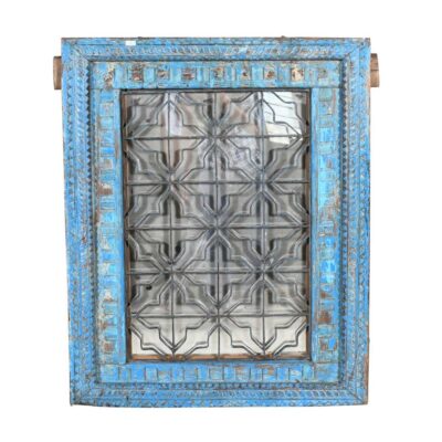 Antique Azure Blue Indian Teak & Iron Jali Window Mirror – Hand-Carved 19th Century Rajasthan