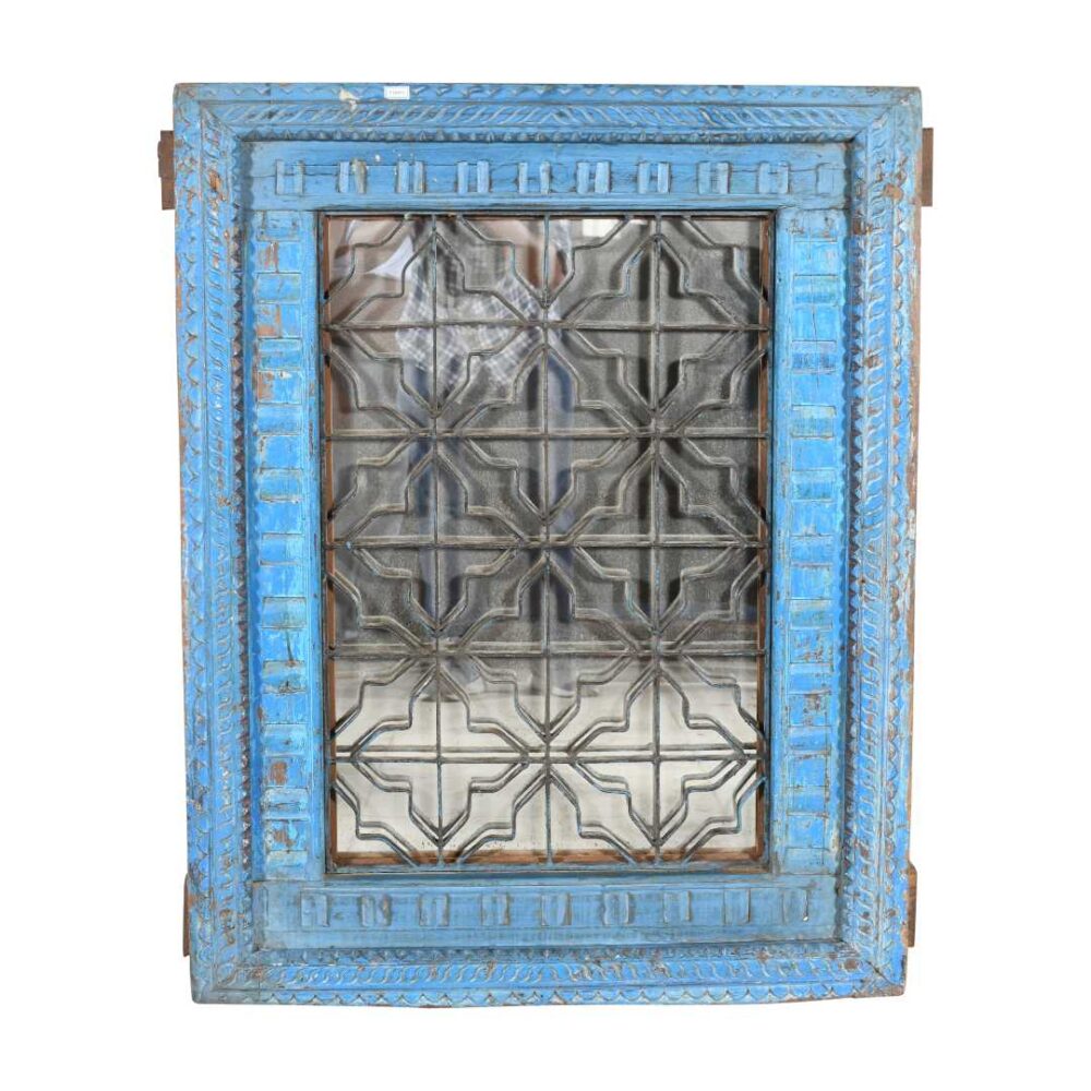 Antique Azure Blue Indian Teak & Iron Jali Window Mirror – Hand-Carved 19th Century Rajasthan