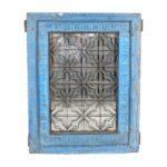 Antique Azure Blue Indian Teak & Iron Jali Window Mirror – Hand-Carved 19th Century Rajasthan