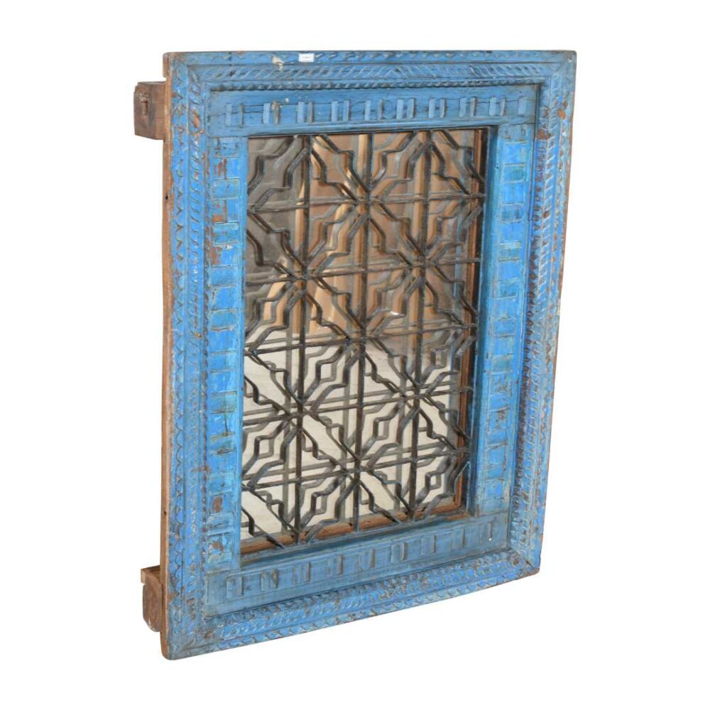 Antique Azure Blue Indian Teak & Iron Jali Window Mirror – Hand-Carved 19th Century Rajasthan - Image 2