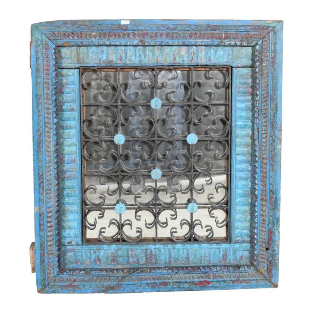 Antique Azure Blue Indian Teak Wood & Iron Jali Window Mirror