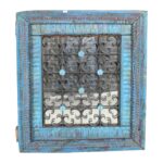 Antique Azure Blue Indian Teak Wood & Iron Jali Window Mirror