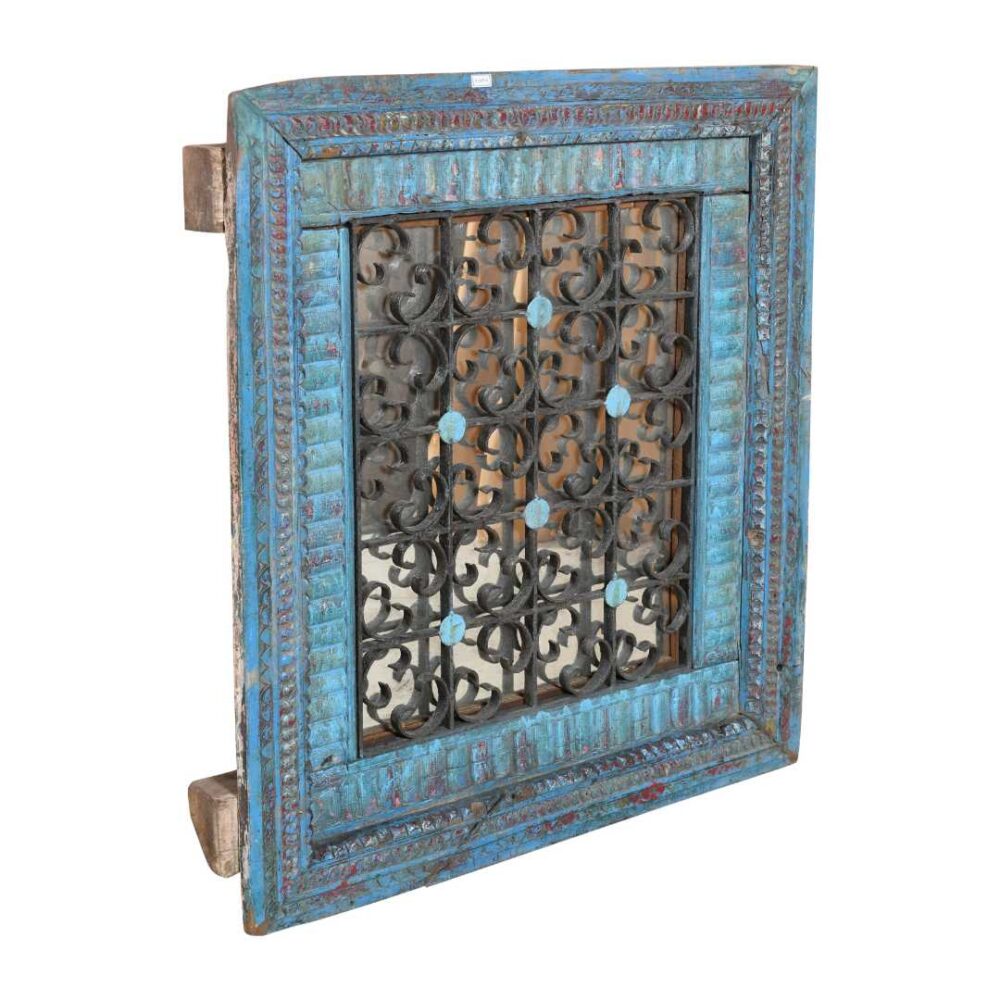 Antique Azure Blue Indian Teak Wood & Iron Jali Window Mirror - Image 3