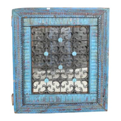 Antique Azure Blue Indian Teak Wood & Iron Jali Window Mirror