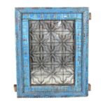 Distressed Turquoise Blue Antique Indian Teak Wood Iron Jali Window Mirror