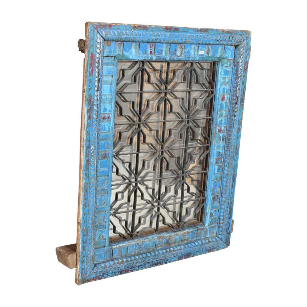 Distressed Turquoise Blue Antique Indian Teak Wood Iron Jali Window Mirror - Image 2