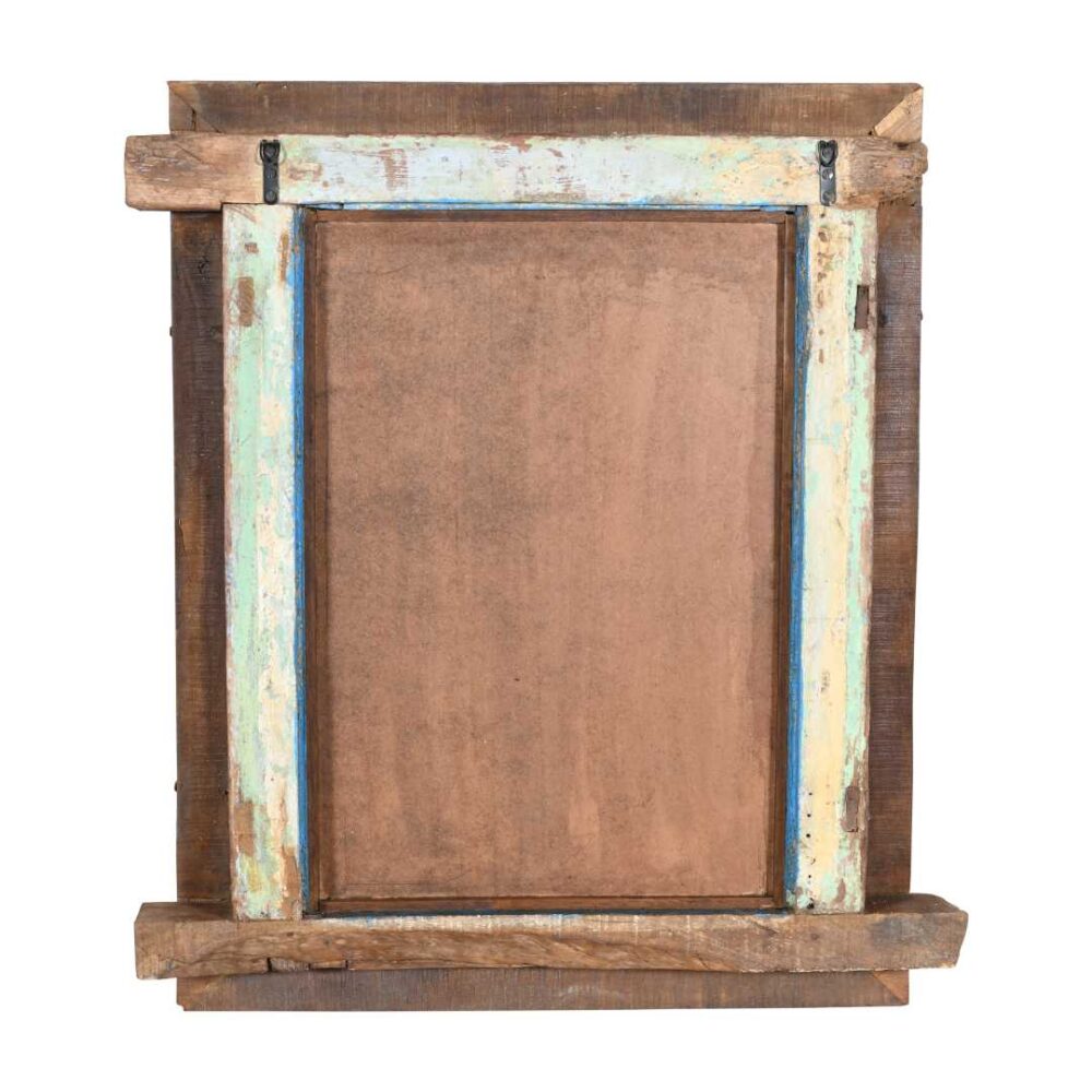 Distressed Turquoise Blue Antique Indian Teak Wood Iron Jali Window Mirror - Image 3