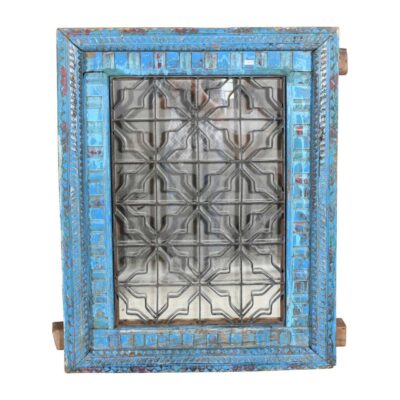 Distressed Turquoise Blue Antique Indian Teak Wood Iron Jali Window Mirror