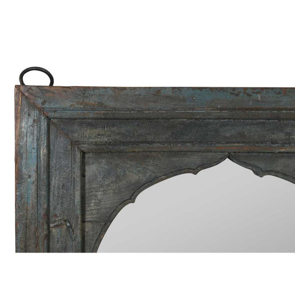 Antique Weathered Teal Indian Teak Wood Mehrab Window Mirror - Image 2