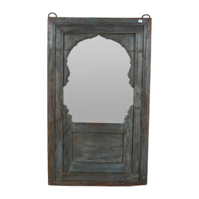 Antique Weathered Teal Indian Teak Wood Mehrab Window Mirror
