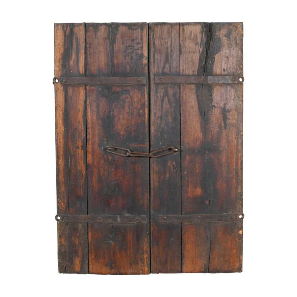 Antique Blue-Grey & Rustic Brown Indian Teak Wood Mehrab Window Shutter Pair