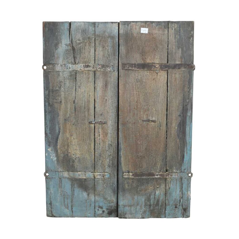 Antique Blue-Grey & Rustic Brown Indian Teak Wood Mehrab Window Shutter Pair - Image 2