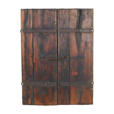 Antique Blue-Grey & Rustic Brown Indian Teak Wood Mehrab Window Shutter Pair