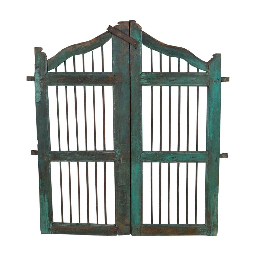 Antique Verdigris Teal & Rustic Brown Indian Teak Dog Gates Garden Gate Pair (c.1880–1900)