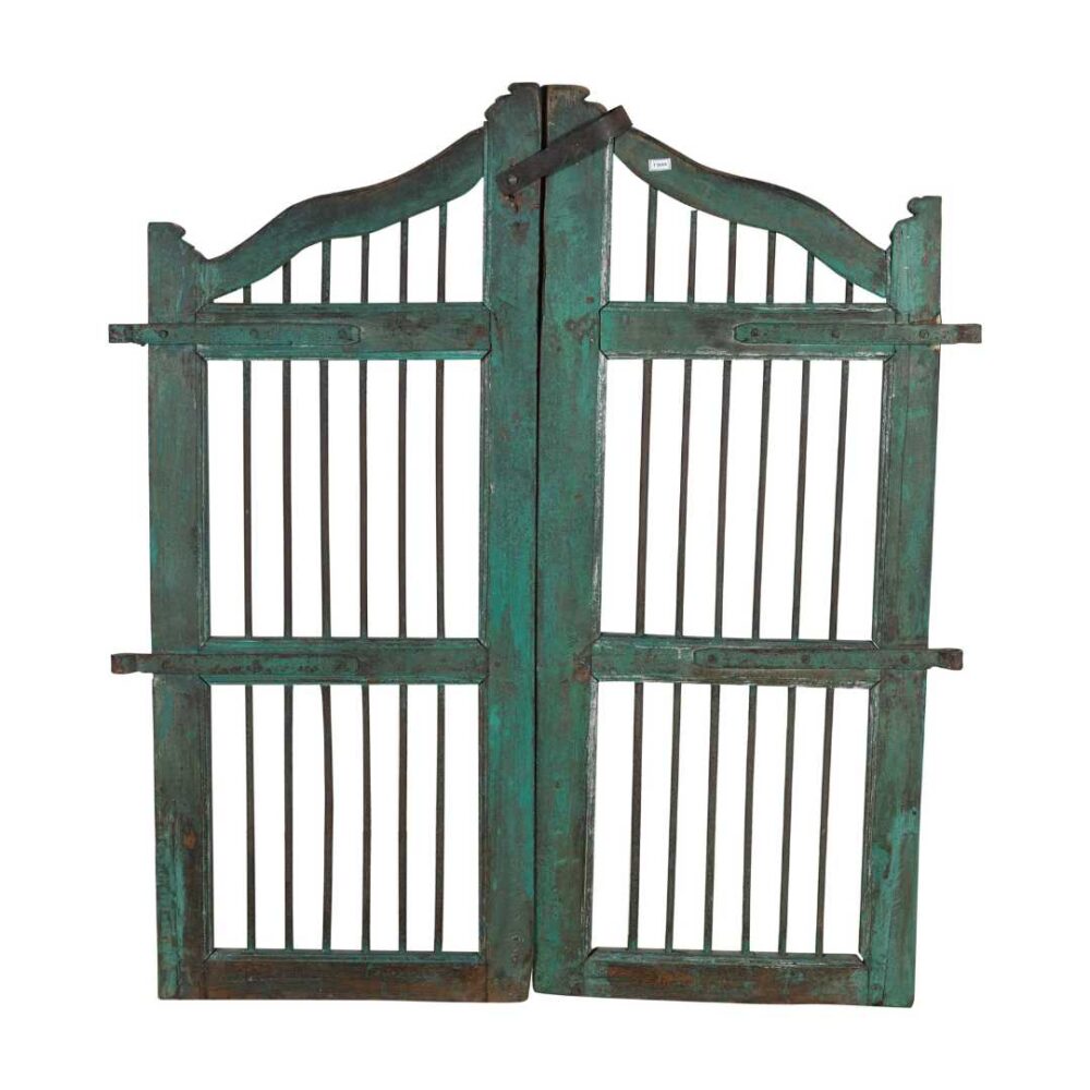Antique Verdigris Teal & Rustic Brown Indian Teak Dog Gates Garden Gate Pair (c.1880–1900) - Image 3