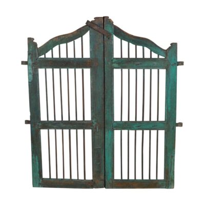 Antique Verdigris Teal & Rustic Brown Indian Teak Dog Gates Garden Gate Pair (c.1880–1900)