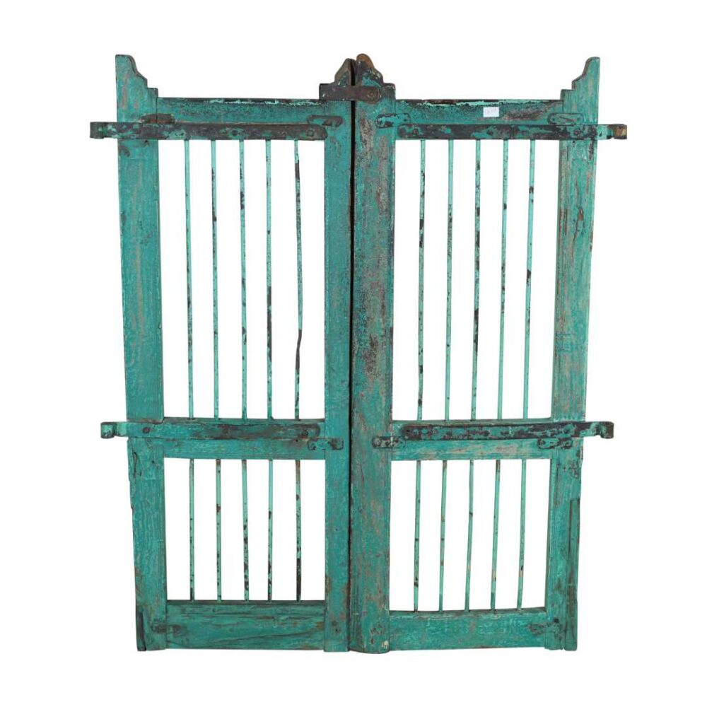 Antique Patinated Turquoise Indian Teak Dog Gates Garden Gate Pair (c.1880–1900)