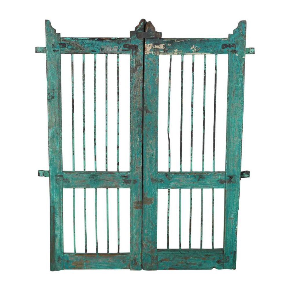 Antique Patinated Turquoise Indian Teak Dog Gates Garden Gate Pair (c.1880–1900) - Image 3
