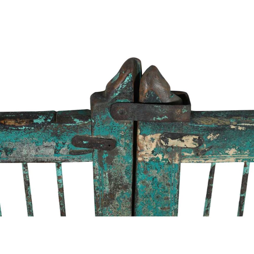 Antique Patinated Turquoise Indian Teak Dog Gates Garden Gate Pair (c.1880–1900) - Image 2