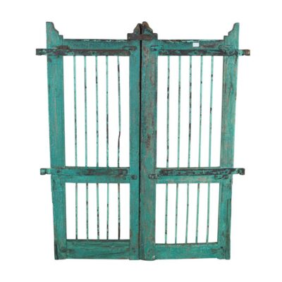 Antique Patinated Turquoise Indian Teak Dog Gates Garden Gate Pair (c.1880–1900)
