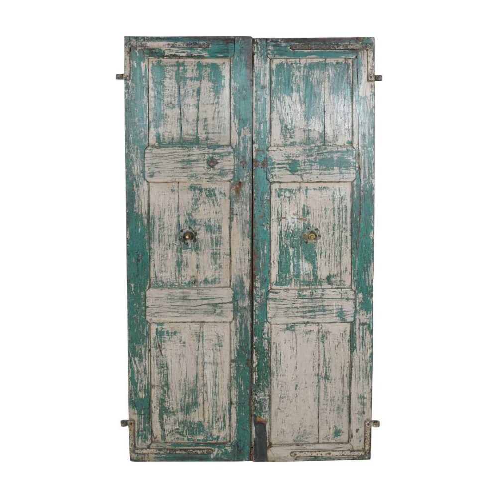 Turquoise & Blush Patina Antique Indian Teak Doors – 1880s Gujarat Pair - Image 3