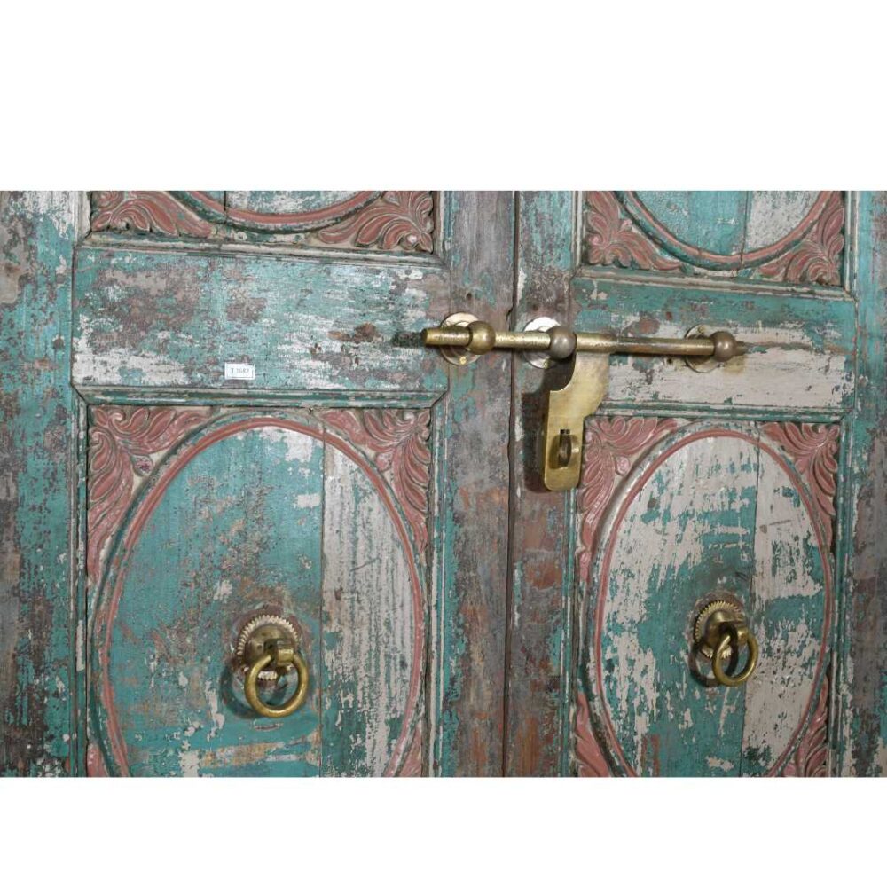 Turquoise & Blush Patina Antique Indian Teak Doors – 1880s Gujarat Pair - Image 2