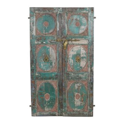 Turquoise & Blush Patina Antique Indian Teak Doors – 1880s Gujarat Pair