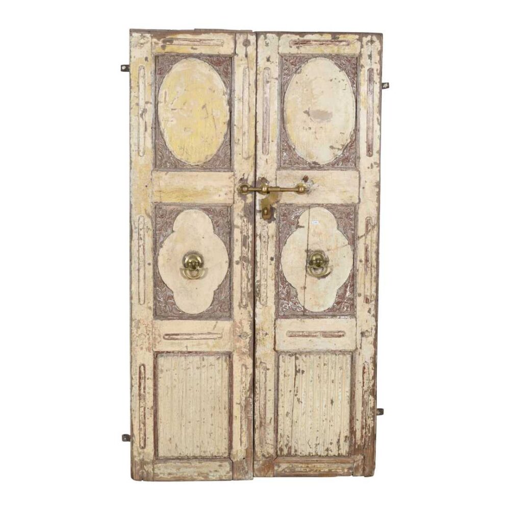 Antique Cream & Ochre Patina Indian Teak Doors – 1880s Gujarat Pair