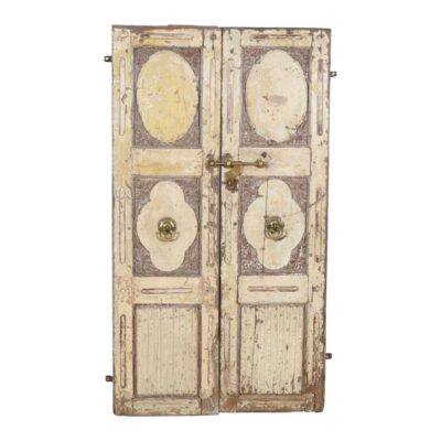 Antique Cream & Ochre Patina Indian Teak Doors – 1880s Gujarat Pair