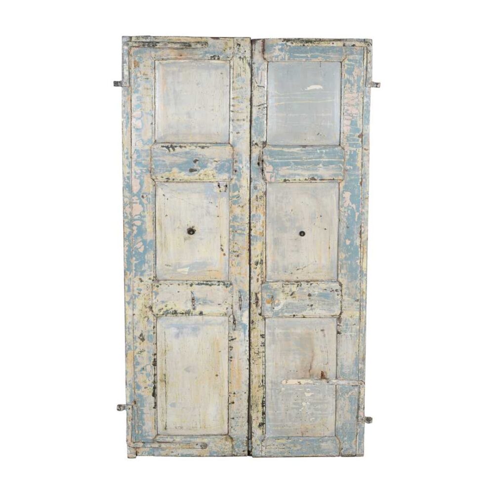 Antique Powder Blue & Faded Cream Indian Teak Doors – 1880s Gujarat Pair