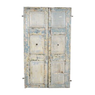 Antique Powder Blue & Faded Cream Indian Teak Doors – 1880s Gujarat Pair